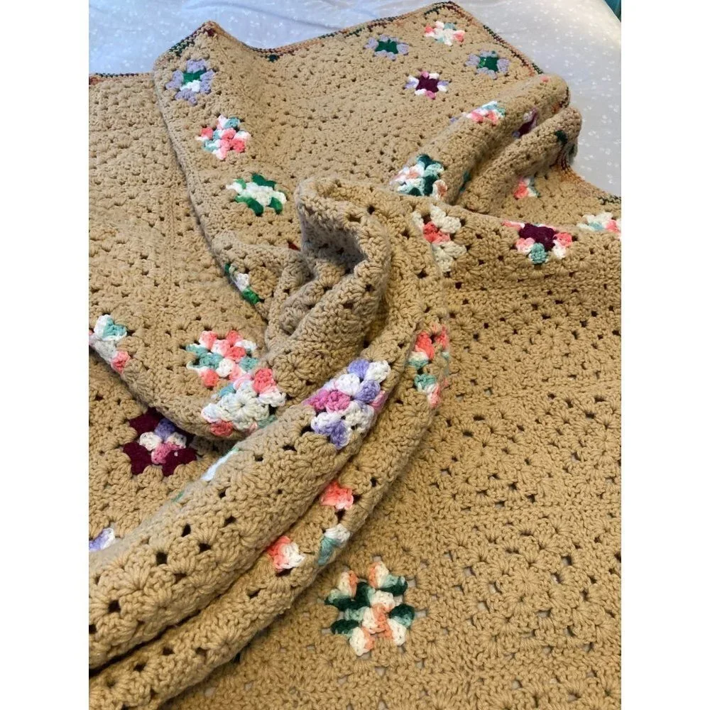 Handmade Granny Square Crocheted Blanket‎ Tan w Multicolored Squares 50 x 60